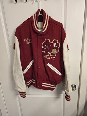 Vintage DeLong Letterman Jacket SM Saints 1988 Medal Wool Leather Size 44